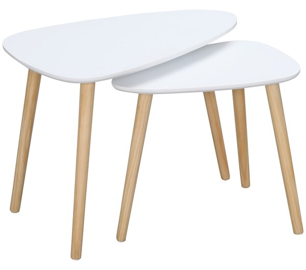 Set 2 Tavolini da Salotto Impilabili Stile Nordico con Gambe in Legno Bianco