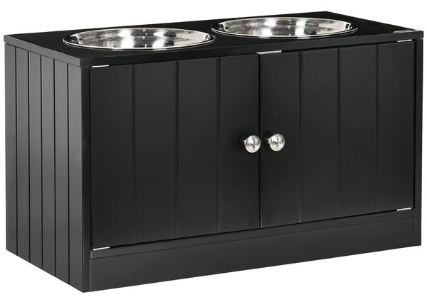 2 Ciotole per Cani Rialzate 60x30x35,5 cm in Acciaio Inox con Vano Contenitore Nero