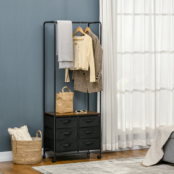 Appendiabiti da Terra con Mobile 6 Cassetti 63,5x40x172,5 cm in Tessuto e Ripiano Aperto Nero e Marrone