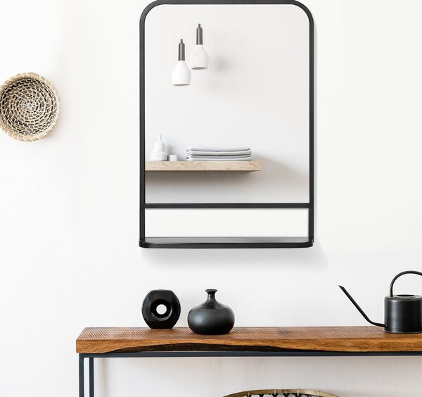 Specchio Rettangolare a Parete 50x10,2x70 cm con Ripiano Inferiore in Metallo Nero e Vetro