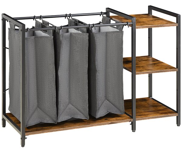Mobile Portabiancheria 106x40x75 cm con 3 Sacchi in Tessuto e 3 Ripiani Grigio e Marrone