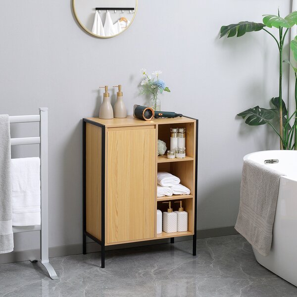 Mobiletto da Bagno 3 Ripiani e Armadietto 60x28x80 cm in Truciolato e Acciaio Legno e Nero