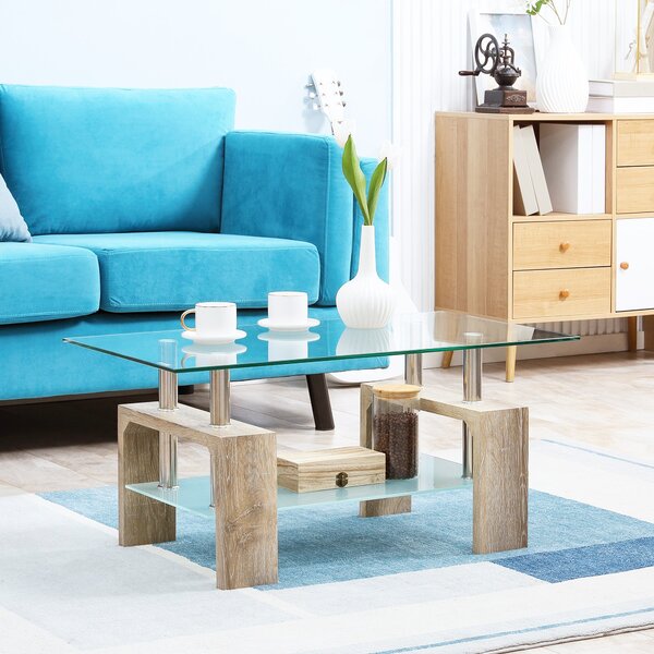 Tavolino da Caffè a 2 Livelli 90x50x42 cm in Vetro e Legno Naturale