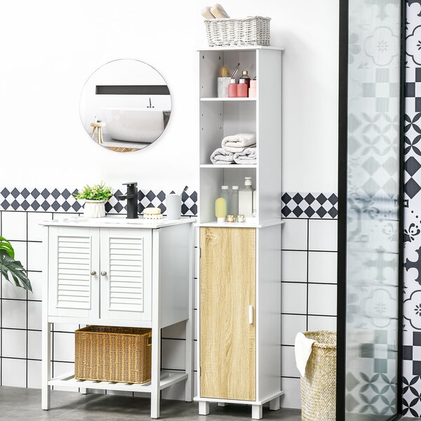 Colonna Bagno Salvaspazio 33,5x29x169 cm 3 Vani Aperti e Armadietto in Legno Bianco e Marrone Chiaro