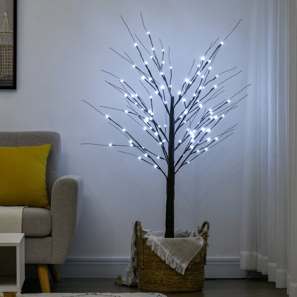 Albero di Natale Luminoso di Betulla 22x22x150 cm con 96 Luci LED e Base Larga in Plastica e Metallo Marrone