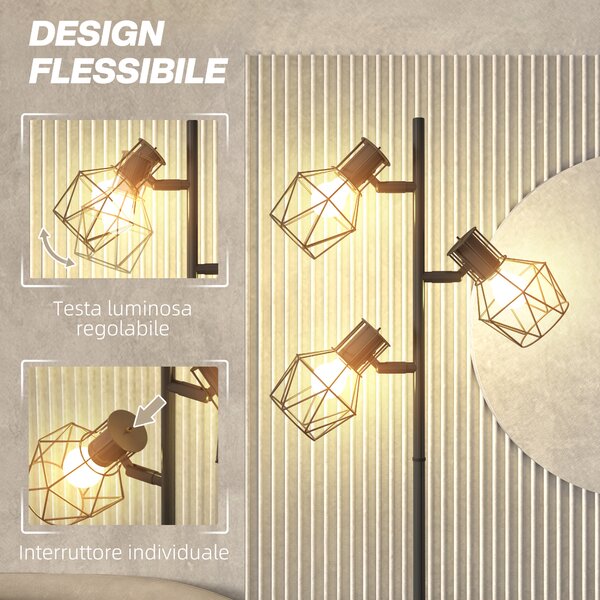 HOMCOM Lampada da Terra 40W con 3 Luci Regolabili e Interruttore a Manopola, in Metallo, 41x28x169 cm, Nero
