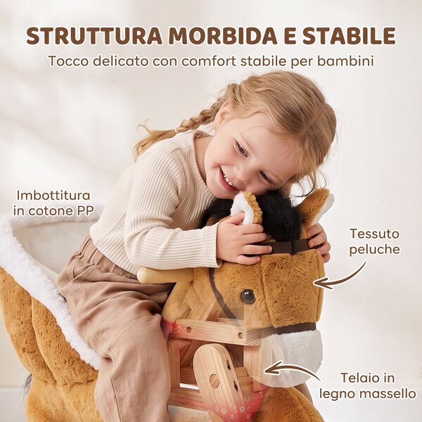AIYAPLAY Cavallo a Dondolo per Bambini 18-36 Mesi con Nitrito Realistico e Struttura in Legno Massello, Marrone | Aosom Italy
