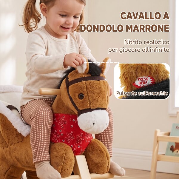 AIYAPLAY Cavallo a Dondolo per Bambini 18-36 Mesi con Nitrito Realistico e Struttura in Legno Massello, Marrone | Aosom Italy