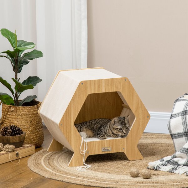 Cuccia per Gatti 49,5x38,5x43,5 cm in Legno e Tessuto con Cuscino in Peluche Quercia e Bianco
