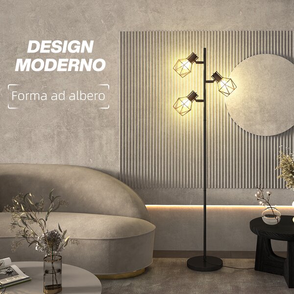 HOMCOM Lampada da Terra 40W con 3 Luci Regolabili e Interruttore a Manopola, in Metallo, 41x28x169 cm, Nero