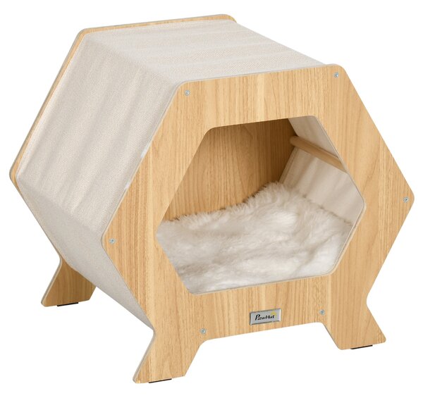 Cuccia per Gatti 49,5x38,5x43,5 cm in Legno e Tessuto con Cuscino in Peluche Quercia e Bianco