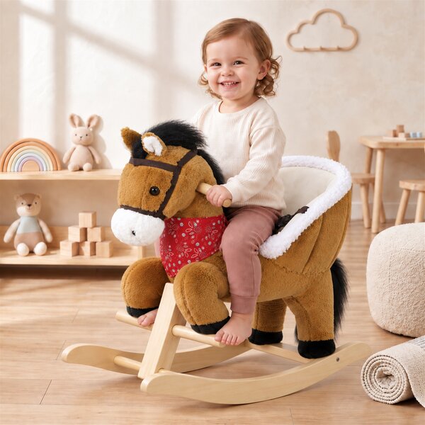 AIYAPLAY Cavallo a Dondolo per Bambini 18-36 Mesi con Nitrito Realistico e Struttura in Legno Massello, Marrone | Aosom Italy