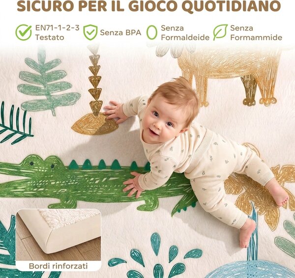 AIYAPLAY Tappeto Gioco Neonato, Antiscivolo e Impermeabile, 150x200 cm, Motivo Animali, 0-3 Anni, Facile Pulizia | Aosom Italy