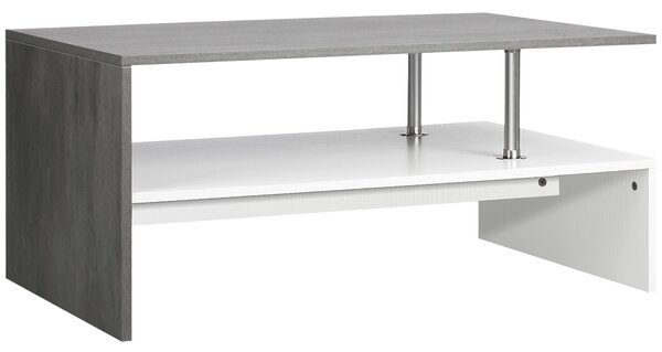 Tavolino da Salotto 2 Livelli 90x60x42 cm in Truciolato e Acciaio Inox Bianco e Cemento