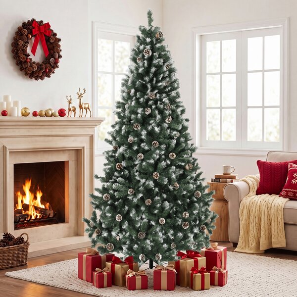 Albero di Natale Artificiale Ø116x210 cm con 998 Rami Innevati Pigne e Base Pieghevole in Plastica e Acciaio Verde