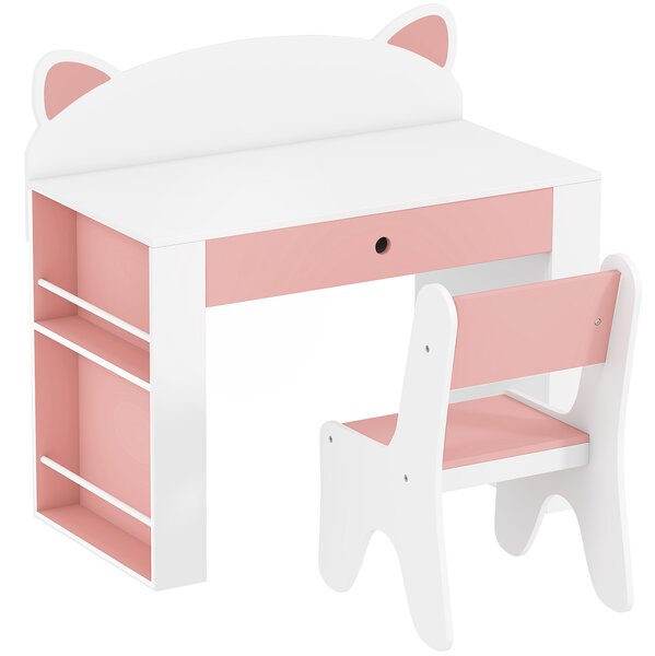 AIYAPLAY Set Tavolo Bambini con Sedia, Libreria Laterale, 3-8 Anni, Cassetto, Design con Orecchie di Volpe, Bianco | Aosom Italy
