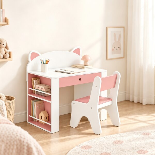 AIYAPLAY Set Tavolo Bambini con Sedia, Libreria Laterale, 3-8 Anni, Cassetto, Design con Orecchie di Volpe, Bianco | Aosom Italy