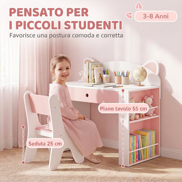 AIYAPLAY Set Tavolo Bambini con Sedia, Libreria Laterale, 3-8 Anni, Cassetto, Design con Orecchie di Volpe, Bianco | Aosom Italy