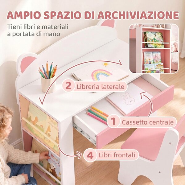 AIYAPLAY Set Tavolo Bambini con Sedia, Libreria Laterale, 3-8 Anni, Cassetto, Design con Orecchie di Volpe, Bianco | Aosom Italy