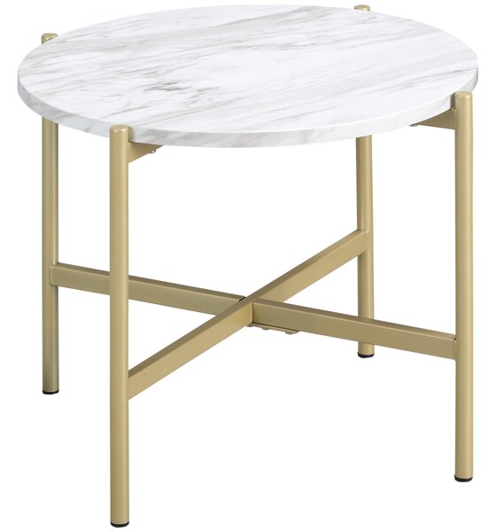Tavolino da Caffè con Piano d'Appoggio Effetto Marmo Ø55x45 cm Struttura in Metallo Dorato