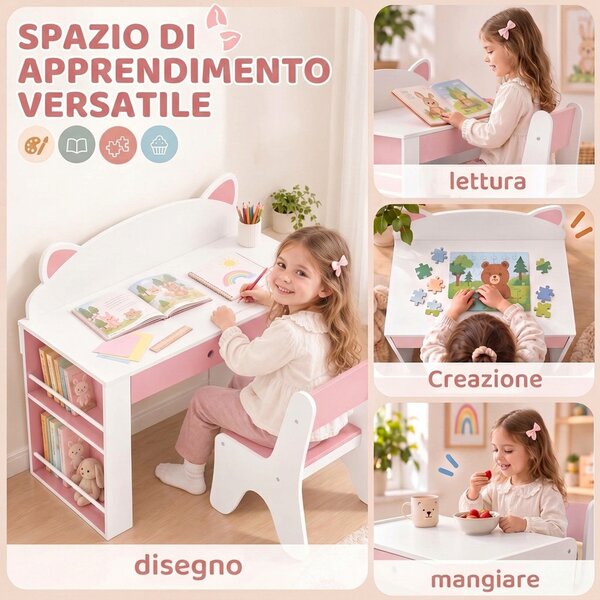 AIYAPLAY Set Tavolo Bambini con Sedia, Libreria Laterale, 3-8 Anni, Cassetto, Design con Orecchie di Volpe, Bianco | Aosom Italy