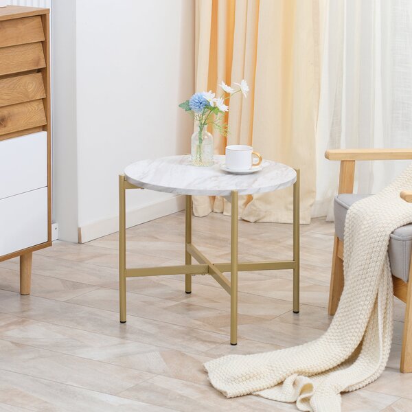 Tavolino da Caffè con Piano d'Appoggio Effetto Marmo Ø55x45 cm Struttura in Metallo Dorato