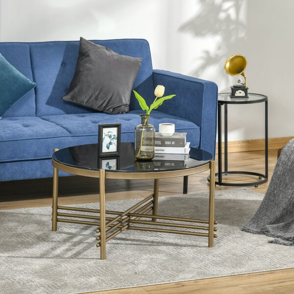 Tavolino da Caffè con Piano in Vetro Temperato Ø85x41 cm Base in Metallo Nero e Oro