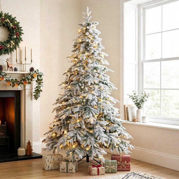 Albero di Natale Innevato Ø135x210 cm con 450 Luci LED Bianco Caldo 1080 Rami Ignifughi Timer Telecomando e 8 Modalità