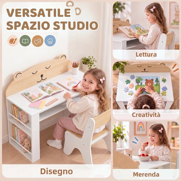 AIYAPLAY Set Tavolo Bambini con Sedia, Librerie Laterali, Vano Portaoggetti, 3-8 Anni, in Legno, Design Orsetto, Bianco | Aosom Italy