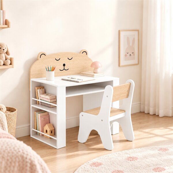 AIYAPLAY Set Tavolo Bambini con Sedia, Librerie Laterali, Vano Portaoggetti, 3-8 Anni, in Legno, Design Orsetto, Bianco | Aosom Italy
