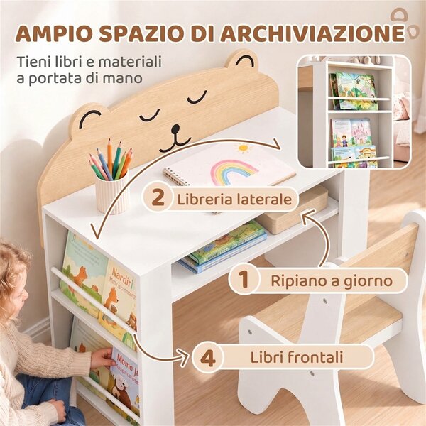 AIYAPLAY Set Tavolo Bambini con Sedia, Librerie Laterali, Vano Portaoggetti, 3-8 Anni, in Legno, Design Orsetto, Bianco | Aosom Italy
