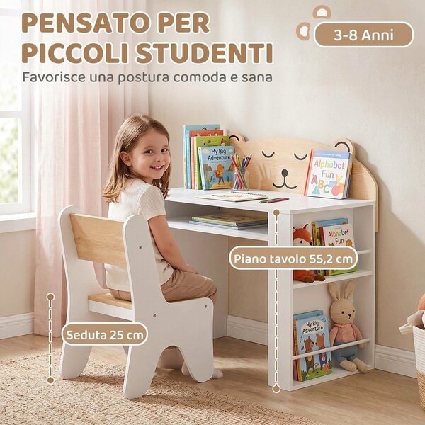 AIYAPLAY Set Tavolo Bambini con Sedia, Librerie Laterali, Vano Portaoggetti, 3-8 Anni, in Legno, Design Orsetto, Bianco | Aosom Italy