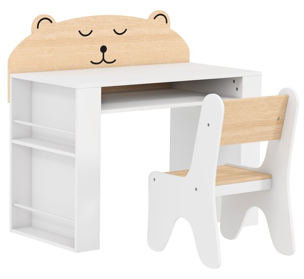 AIYAPLAY Set Tavolo Bambini con Sedia, Librerie Laterali, Vano Portaoggetti, 3-8 Anni, in Legno, Design Orsetto, Bianco | Aosom Italy