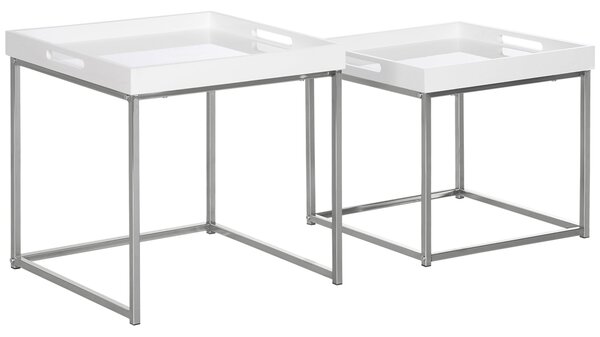 Set da 2 Tavolini da Caffè Impilabili con Finitura Lucida e Telaio in Acciaio Bianco