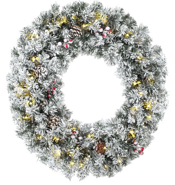 HOMCOM Ghirlanda Natalizia Innevata da 60 cm con Luci LED, Fiocco Scozzese, Rami, Pigne, Bacche, Verde | Aosom Italy