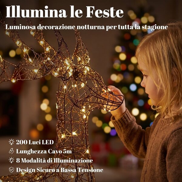 Outsunny Set 3 Renne Natale Luminose da Esterno 120cm, 200 LED Bianco Caldo, 8 Modalità di Illuminazione, Timer, Marrone | Aosom Italy