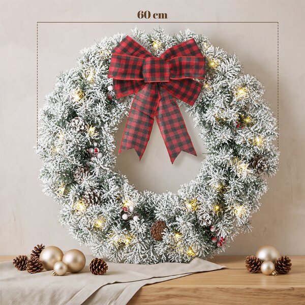 HOMCOM Ghirlanda Natalizia Innevata da 60 cm con Luci LED, Fiocco Scozzese, Rami, Pigne, Bacche, Verde | Aosom Italy