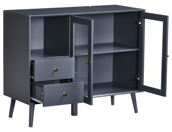 Armadietto 95,5x40x78 cm 2 Ante in Vetro 2 Cassetti e Piano d'Appoggio Grigio
