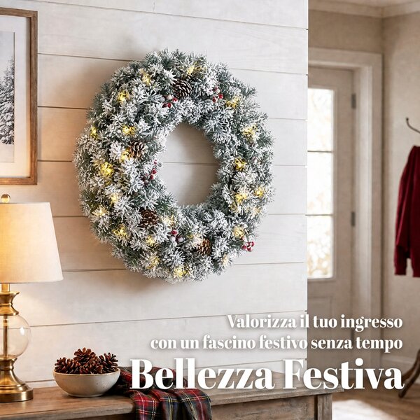 HOMCOM Ghirlanda Natalizia Innevata da 60 cm con Luci LED, Fiocco Scozzese, Rami, Pigne, Bacche, Verde | Aosom Italy