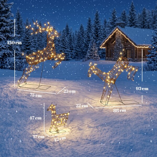 Outsunny Set 3 Renne Natale Luminose da Esterno 120cm, 200 LED Bianco Caldo, 8 Modalità di Illuminazione, Timer, Marrone | Aosom Italy