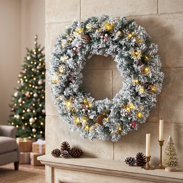 HOMCOM Ghirlanda Natalizia Innevata da 60 cm con Luci LED, Fiocco Scozzese, Rami, Pigne, Bacche, Verde | Aosom Italy