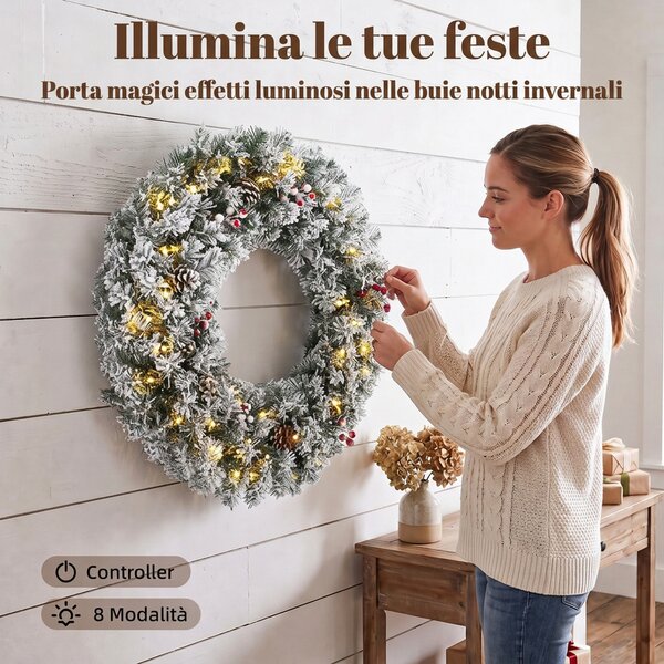 HOMCOM Ghirlanda Natalizia Innevata da 60 cm con Luci LED, Fiocco Scozzese, Rami, Pigne, Bacche, Verde | Aosom Italy