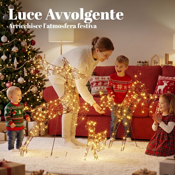 Outsunny Set 3 Renne Natale Luminose da Esterno 120cm, 200 LED Bianco Caldo, 8 Modalità di Illuminazione, Timer, Marrone | Aosom Italy