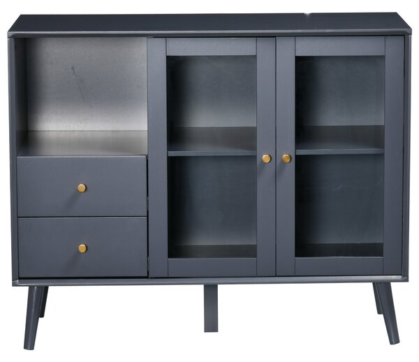 Armadietto 95,5x40x78 cm 2 Ante in Vetro 2 Cassetti e Piano d'Appoggio Grigio