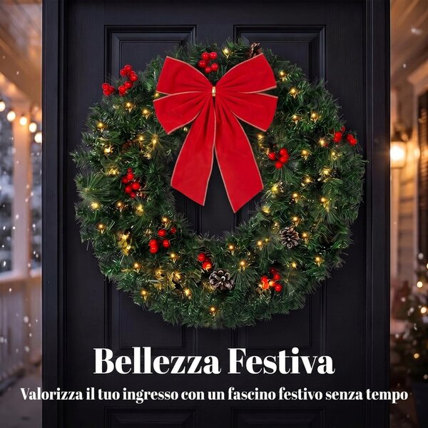 HOMCOM Ghirlanda Natalizia da 60 cm con Luci LED 8 Modalità, Fiocco, 140 Rami, Pigne e Bacche, Corona di Natale, Verde | Aosom Italy
