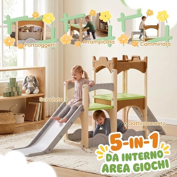 AIYAPLAY 5 in 1 Scivolo per Bambini 3-6 Anni in HDPE con Arrampicata, Passaggio, Tunnel, Vano Contenitore, Multicolore | Aosom Italy