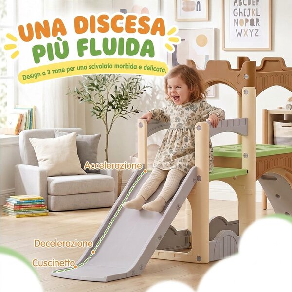 AIYAPLAY 5 in 1 Scivolo per Bambini 3-6 Anni in HDPE con Arrampicata, Passaggio, Tunnel, Vano Contenitore, Multicolore | Aosom Italy