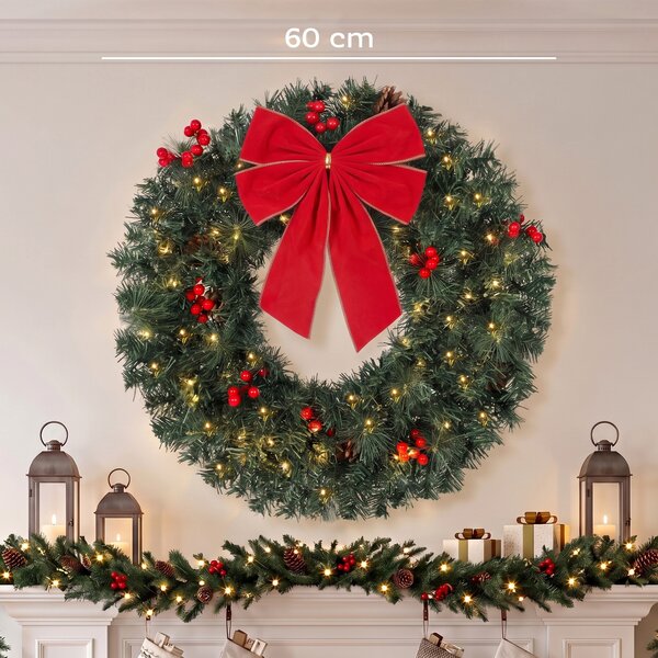 HOMCOM Ghirlanda Natalizia da 60 cm con Luci LED 8 Modalità, Fiocco, 140 Rami, Pigne e Bacche, Corona di Natale, Verde | Aosom Italy