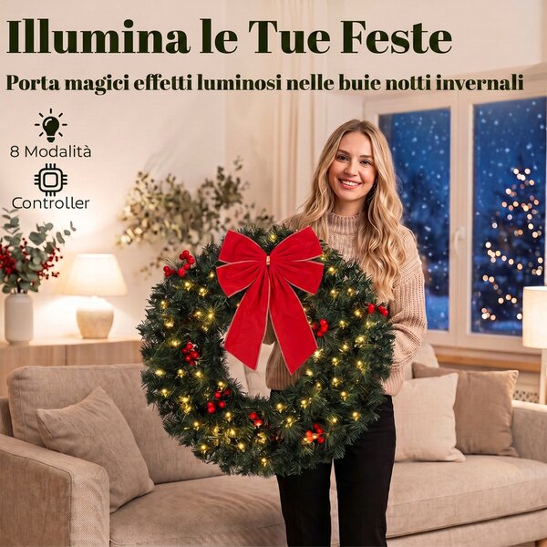 HOMCOM Ghirlanda Natalizia da 60 cm con Luci LED 8 Modalità, Fiocco, 140 Rami, Pigne e Bacche, Corona di Natale, Verde | Aosom Italy