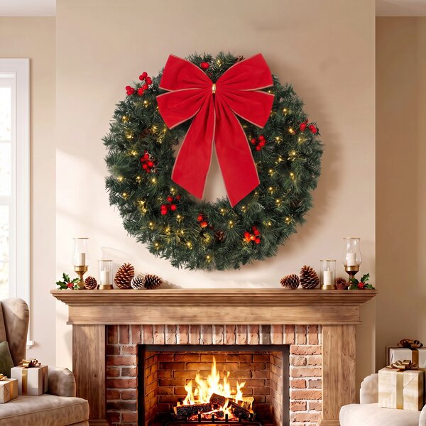 HOMCOM Ghirlanda Natalizia da 60 cm con Luci LED 8 Modalità, Fiocco, 140 Rami, Pigne e Bacche, Corona di Natale, Verde | Aosom Italy